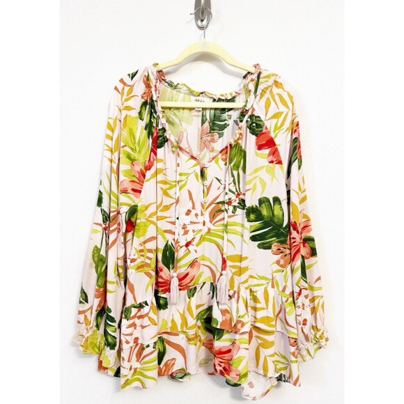 Style And Co Tropical Top XL Floral Peplum Ruffle Flare Sleeves Tasseled Ruffles - Picture 1 of 15